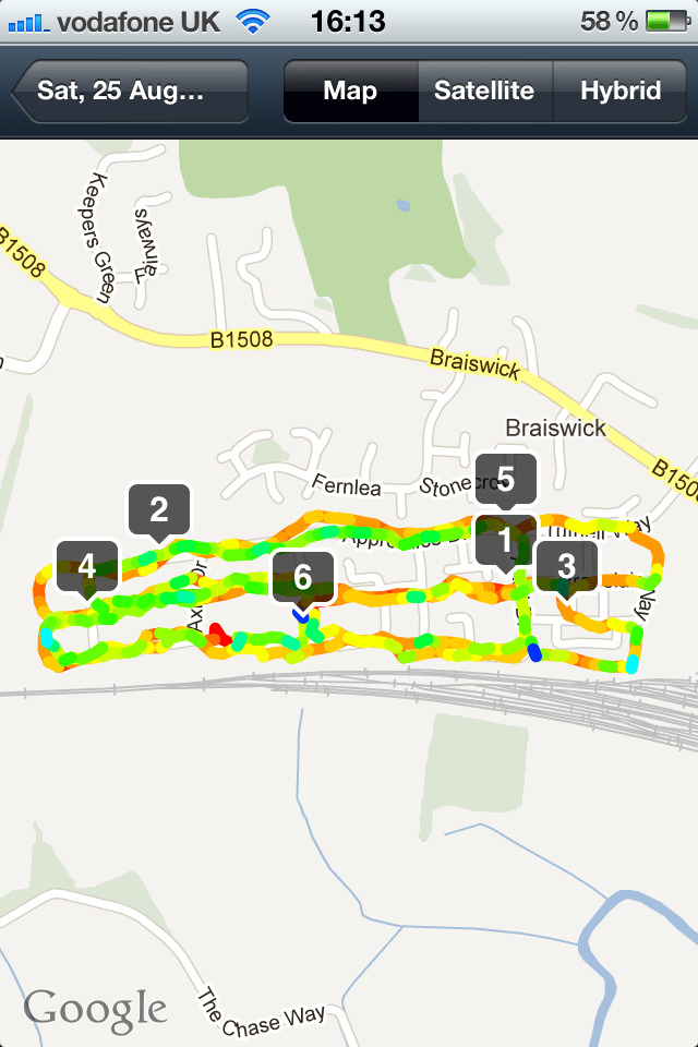 Here's the same run on iSmoothRun which I believe gives more details