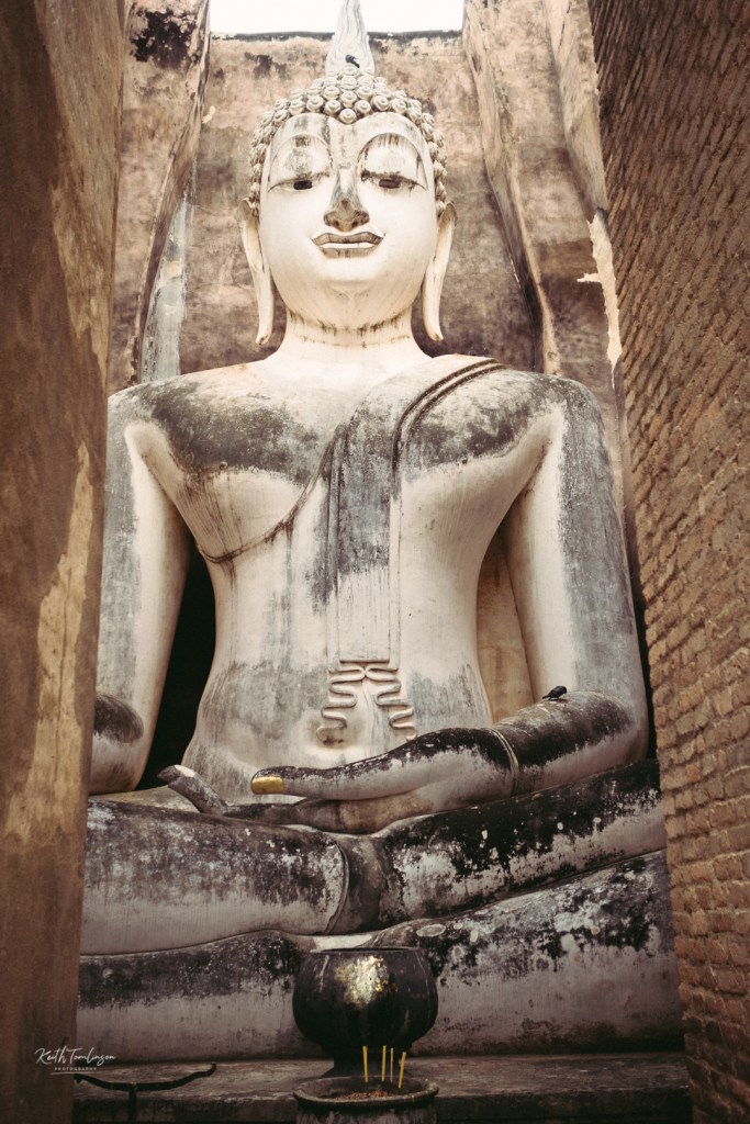 A vast statue of Buddha, several stories high with a pigeon sat on his arm
