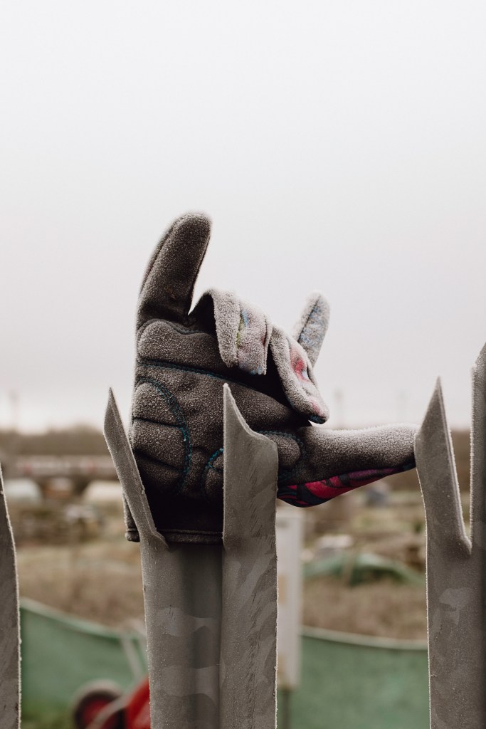 An abandoned frosty glove left on a fence 
