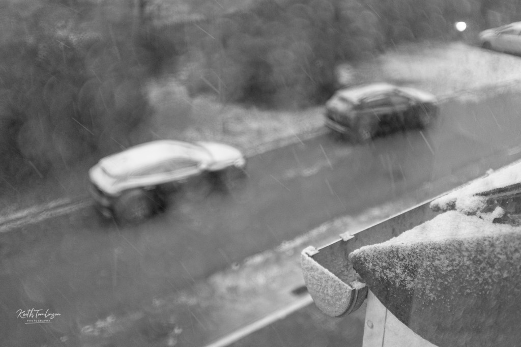 A black and white photo from the top of our house, looking out over the roof during snow