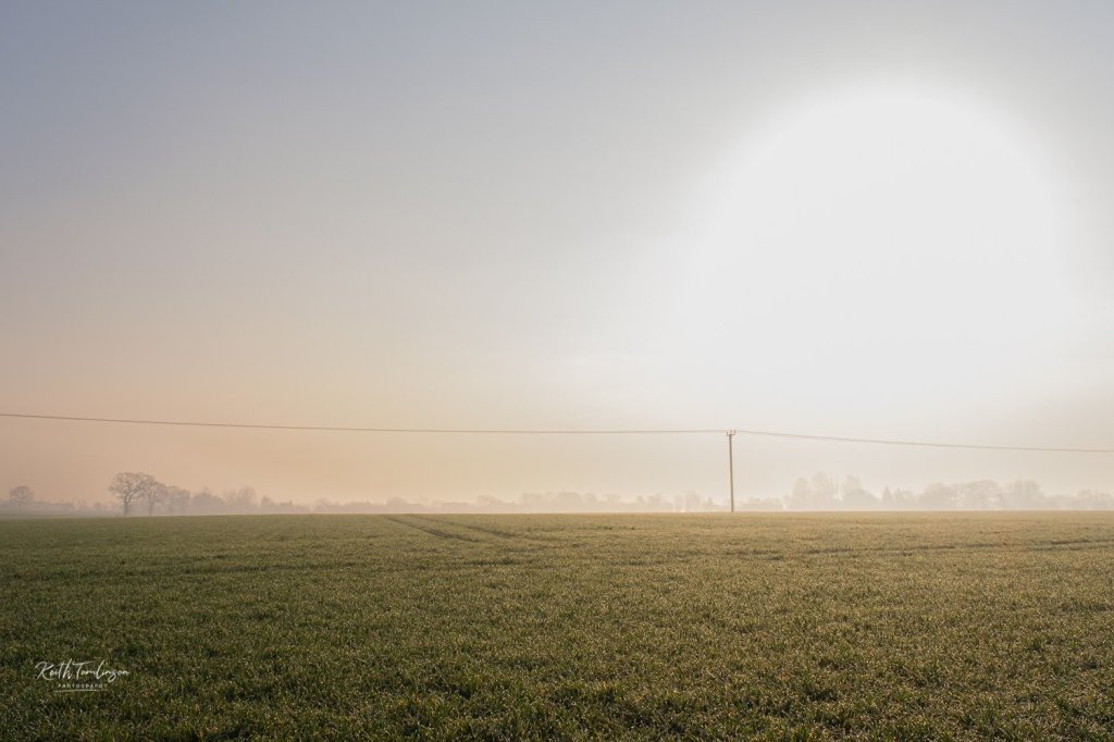 A landscape view of fields and a village appearing from morning mist 