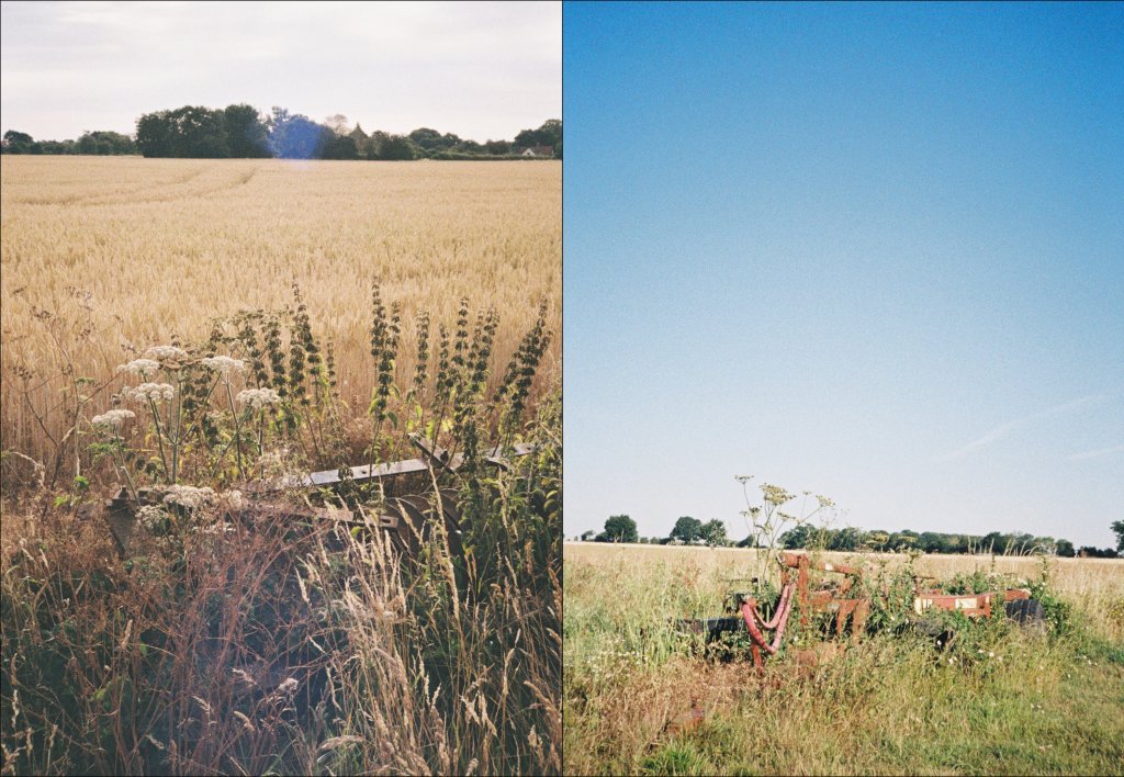 Two photos featuring ploughs left on farmland
